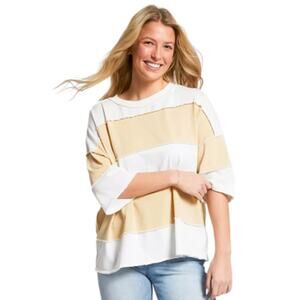 Free People Maddie Oversized Shirt Striped Short Sleeve Tee Beige White Size XL